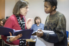 Janie Dee and Gloria Obianyo in rehearsal for Speculations, with director Trevor Nunn. Janie Dee and Gloria Obianyo in rehearsal for Speculations, with director Trevor Nunn.
