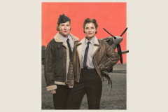 Artwork for Spitfire Girls by Katherine Senior: two women in flying jackets and uniform in front of a Spitfire