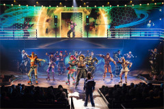 The full company on the track beneath the race gantry in Starlight Express at the Troubadour Wembley Park Theatre. Photo by Pamela Raith