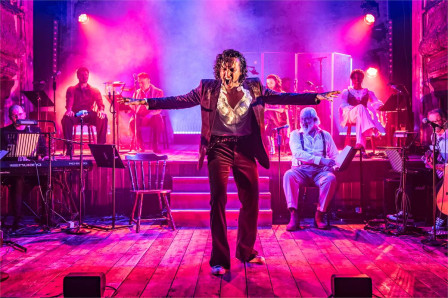 Glenn Adamson as Oscar Wilde with the company of Stoker Wilde at Wilton's Music Hall. Photo by Marc Brenner