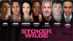 Key art for Stoker Wilde showing the cast: Jamie Bogyo as Bram Stoker, Glenn Adamson as Oscar Wilde, Christina Bennington as Florence, Jemma Geanaus as Ellen Terry, Matt Rixon as Walt Whitman, Oliver Stockley as Bosie and David Bedella as Henry Irving