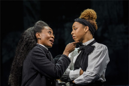 Beverley Knight MBE as Emmeline Pankhurst and Naomi Katiyo as Sylvia Pankhurst, face to face, in Sylvia. Photo by Tristram Kenton