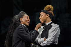 Beverley Knight MBE as Emmeline Pankhurst and Naomi Katiyo as Sylvia Pankhurst, face to face, in Sylvia. Photo by Tristram Kenton