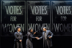 Ellena Vincent as Christabel Pankhurst, Beverley Knight MBE as Emmeline Pankhurst and Cleve September as Lloyd George in Sylvia. Photo by Tristram Kenton
