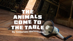 Key art for The Animals Come to the Table, a megaphone lying on the stage of the Sam Wanamaker Playhouse. Artwork photography by Johan Persson