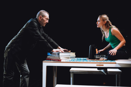 Greg Hicks as Halvard Solness and Louisa Binder as Hilde Wangel in The Master Builder at the Arcola Theatre