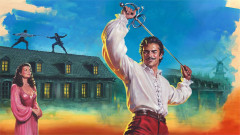 Painted poster artwork for Quentin Tarantino’s The Popinjay Cavalier: a swordsman in a white shirt raises his rapier as two duellists fence on a rooftop behind him. Artwork by James Paterson