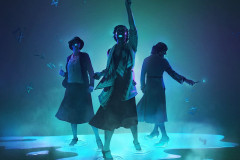 Three women in 1920s dress glow blue-green as they stand in a luminous pool of light, in artwork for The Radium Girls