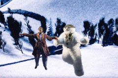 The Boy and The Snowman take off over a snowy landscape in The Snowman. Photo by Johan Persson