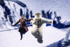 The Boy and The Snowman fly hand in hand in Birmingham Rep’s The Snowman. Photo by Johan Persson