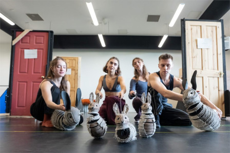 Ensemble dancers rehearse with the hare puppets for Birmingham Rep’s new The Snowman. Photo by Johan Persson