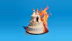 Artwork for The Wedding(s) by Max & Ivan at Park Theatre: a three-tier wedding cake on fire