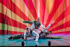 Jonny Weldon, Bronté Barbé and Richard David-Caine in a heap on stage. Photo by Helen Murray