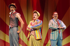 Richard David-Caine, Jonny Weldon and Bronté Barbé in front of a red and gold drape. Photo by Helen Murray