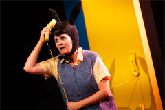 A donkey in a knitted tank top takes a telephone call in Toto at Polka Theatre