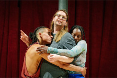 John Leader, Tom Fox and Nandi Bhebhe in rehearsal for Tristan & Yseult. Photo by Steve Tanner John Leader, Tom Fox and Nandi Bhebhe in rehearsal for Tristan & Yseult. Photo by Steve Tanner