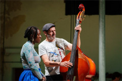 Nandi Bhebhe and Stu Barker, with a double bass, in rehearsal for Tristan & Yseult. Photo by Steve Tanner Nandi Bhebhe and Stu Barker, with a double bass, in rehearsal for Tristan & Yseult. Photo by Steve Tanner