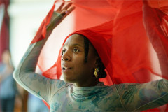 Nandi Bhebhe with a red veil in rehearsal for Tristan & Yseult. Photo by Steve Tanner Nandi Bhebhe with a red veil in rehearsal for Tristan & Yseult. Photo by Steve Tanner
