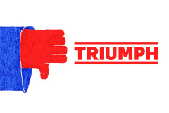 Key art for Triumph at the Almeida Theatre: a painted red thumbs-down hand in a blue sleeve, with the title Triumph in red capitals