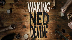Waking Ned Devine key art, the show title lettered across a pub table laid with drinks, a fiddle and a pipe