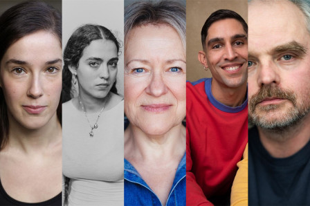 The cast of What Would Jarvis Do? at Omnibus Theatre, left to right: Annabel Smith, Isabel Butt, Erika Poole, Gigi Zahir and Henry Miller