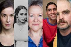 The cast of What Would Jarvis Do? at Omnibus Theatre, left to right: Annabel Smith, Isabel Butt, Erika Poole, Gigi Zahir and Henry Miller