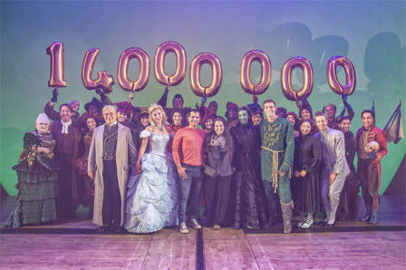 Pablo and Brenda Ernst on stage with the company of Wicked at the Apollo Victoria Theatre, where the production has welcomed its 14 millionth London visitor. Photo by Troy David Johnston