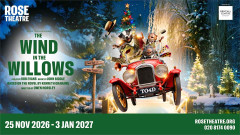 Artwork for The Wind in the Willows at the Rose Theatre, Kingston, showing Toad, Ratty, Mole and Badger in a red motor car on a snowy riverbank