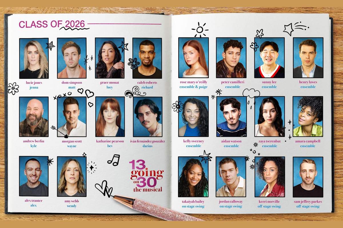The company of 13 Going on 30 - The Musical in the production Class of 2026 yearbook artwork, with Lucie Jones as Jenna