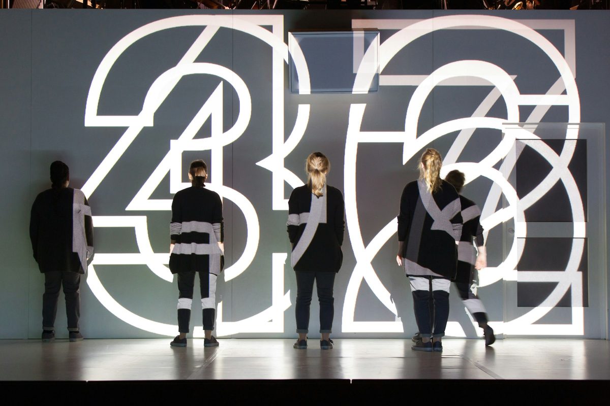 The company of Ted Huffman’s staging of 4.48 Psychosis for the Royal Opera, photographed in 2016