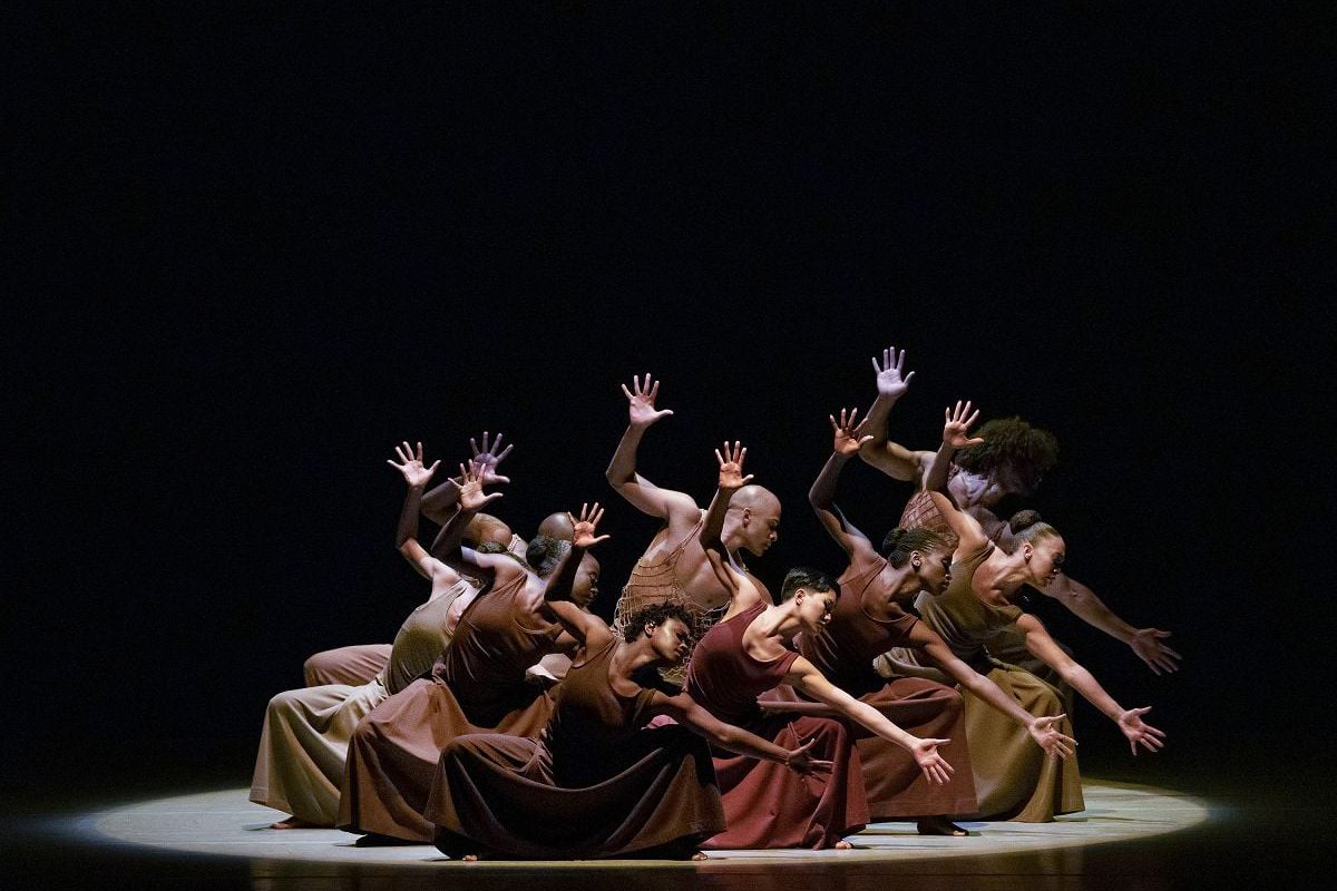 Alvin Ailey American Dance Theater in Alvin Ailey's Revelations at Sadler's Wells. Photo by Paul Kolnik