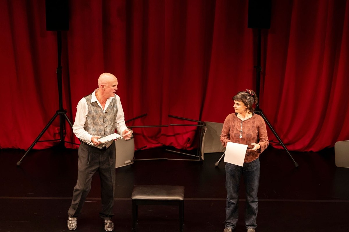 Tim Crouch and Gwyneth Keyworth with scripts in An Oak Tree at The Other Palace