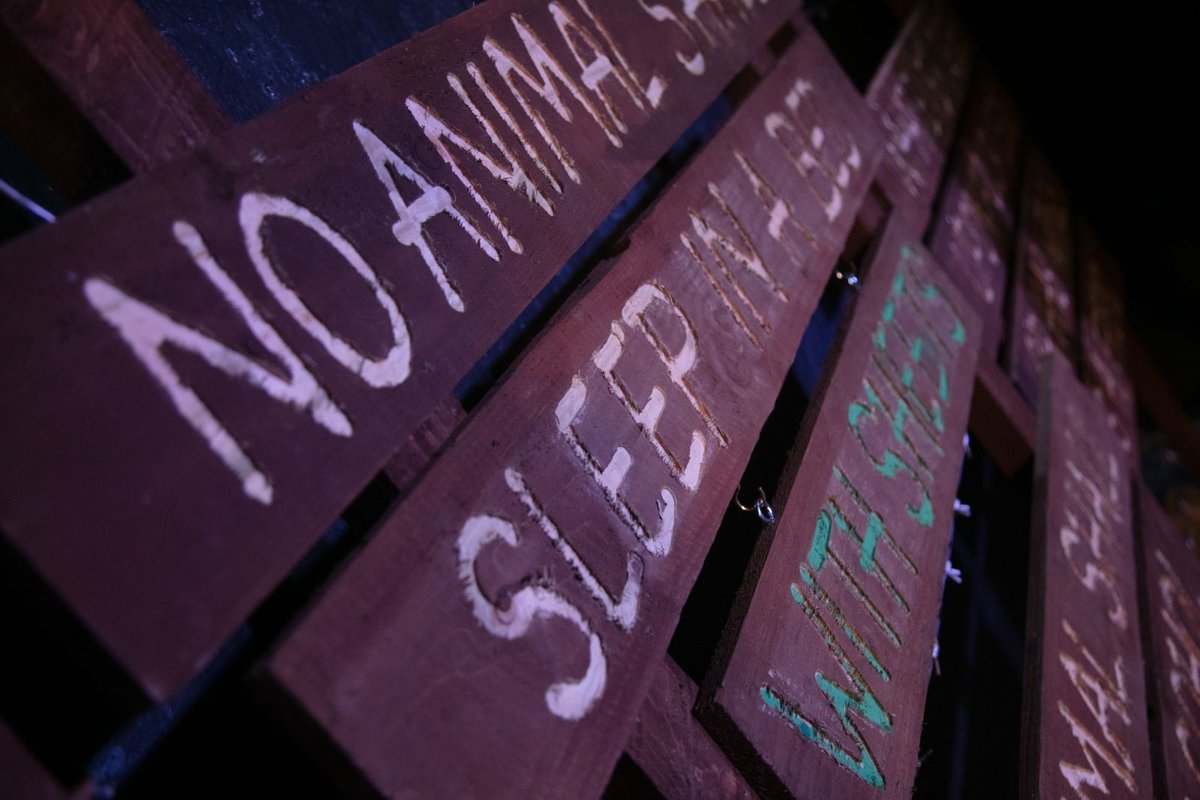 The painted wooden boards of the farm commandments on the Animal Farm set at Barons Court Theatre