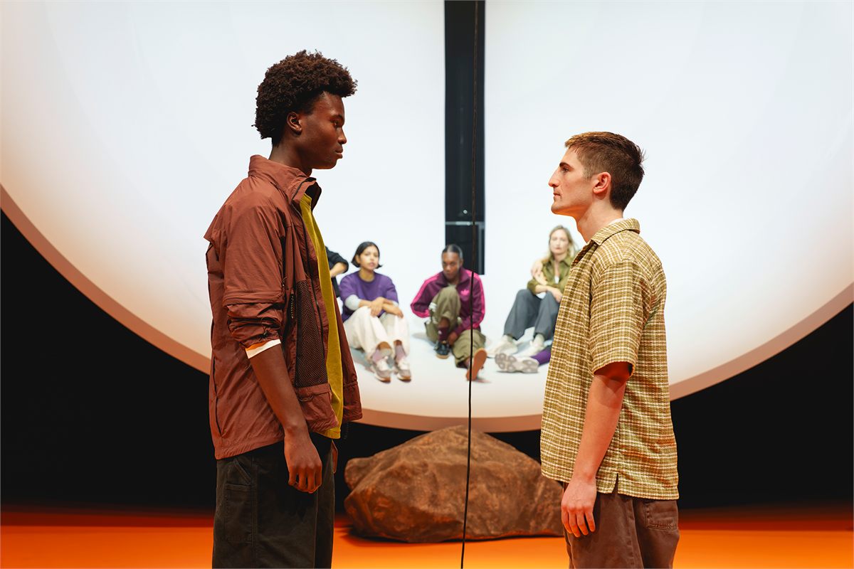 Testimony Adegbite and Brandon Bassir in Antigone Exits at Chichester Festival Theatre. Photo by Andy Paradise