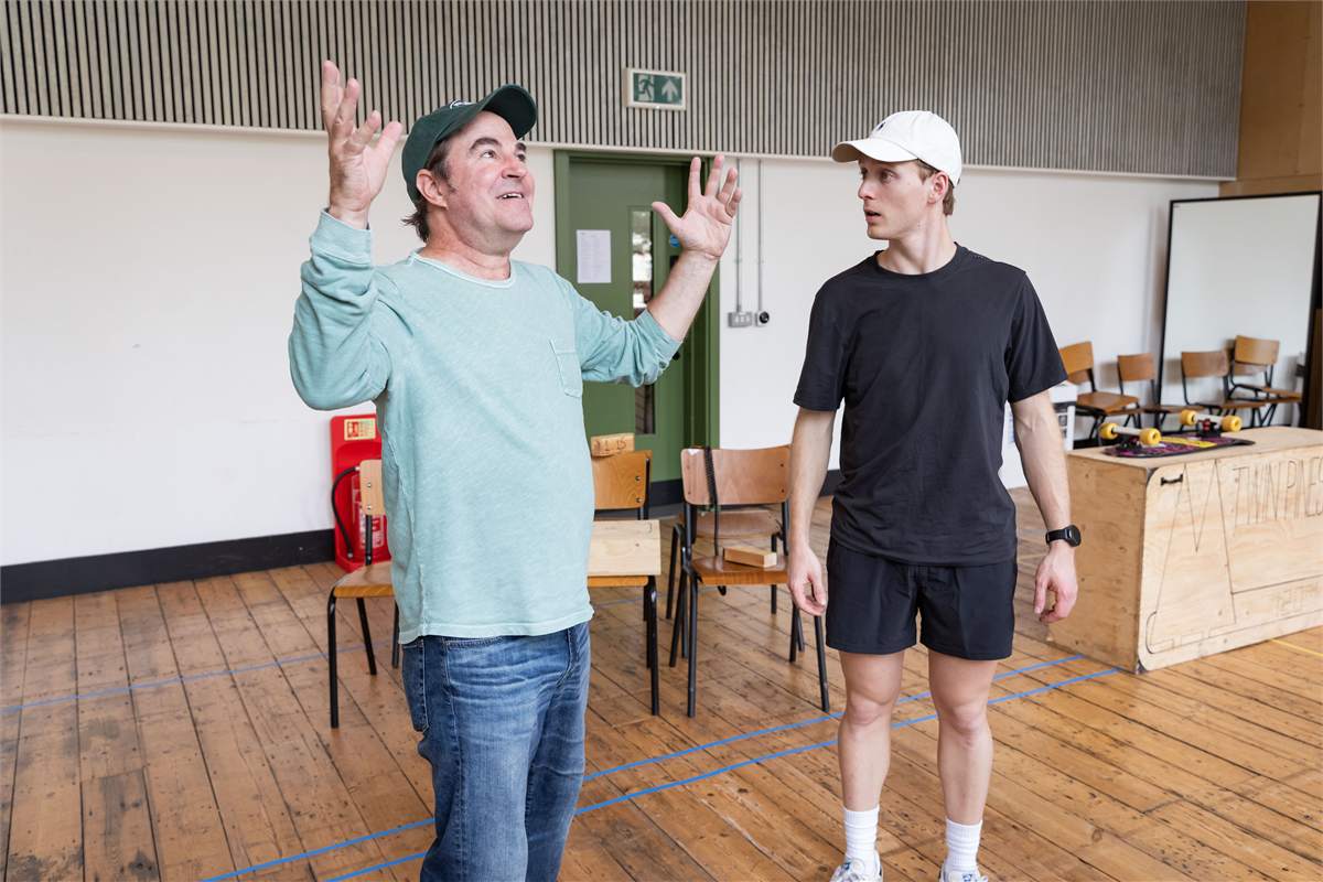 Roger Bart as Doc Brown and Axel Duffy as Marty McFly in rehearsals for the Back to the Future The Musical UK tour. Photo by Mark Senior