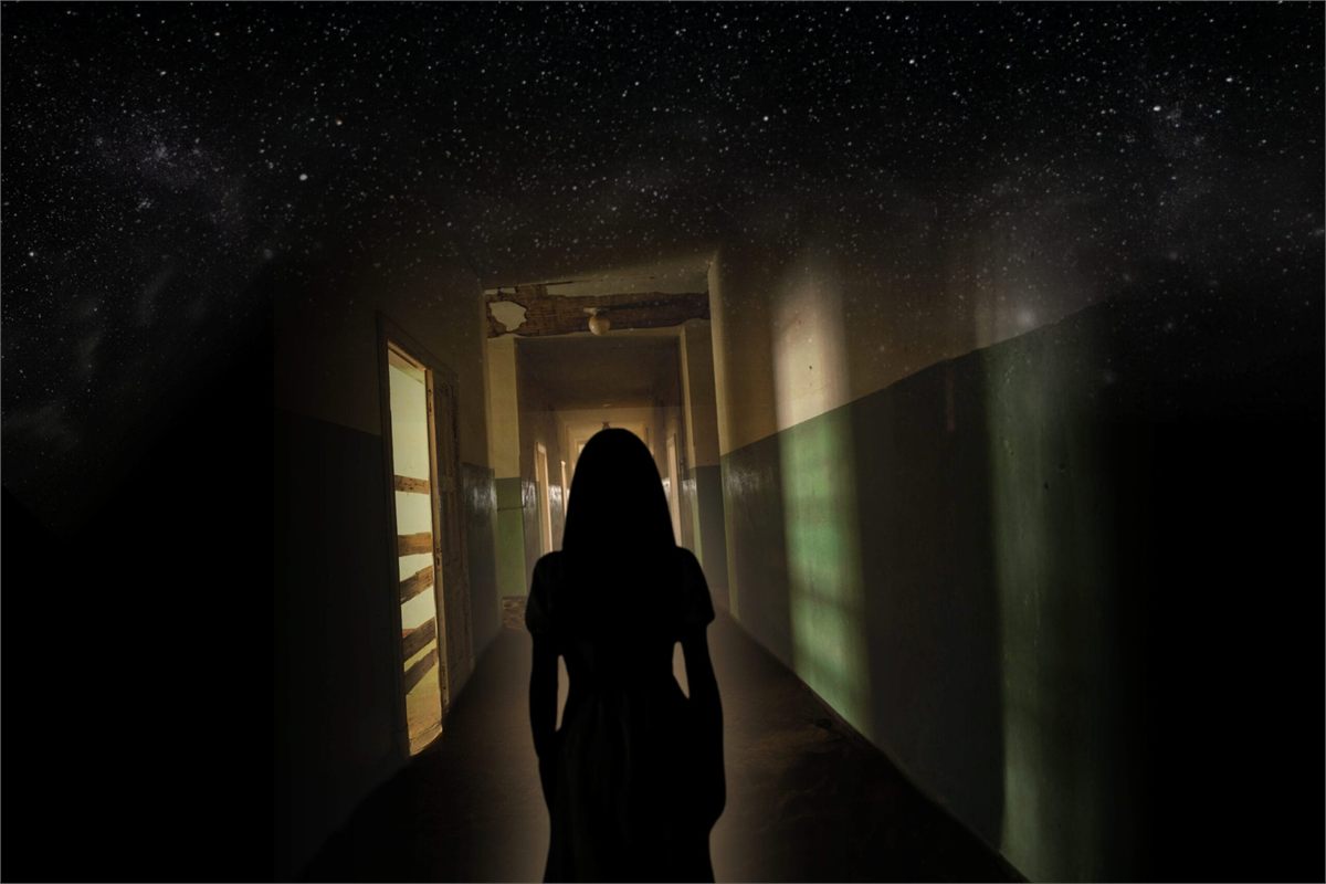 Campaign artwork for Bedlam: a silhouetted young woman in a dim hospital corridor beneath a starry sky