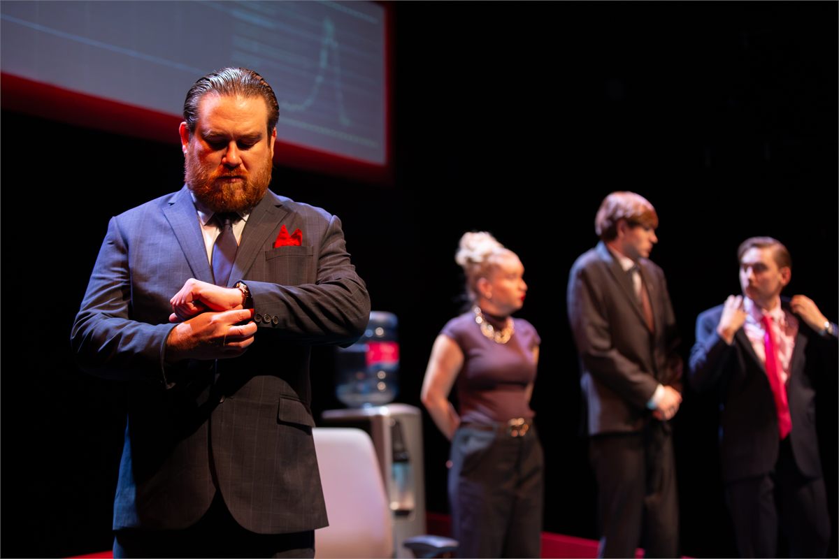 David Sands as Carter, with Jasmine Whipps, Ciaran O’Breen and Danny Lee, in Bull at the Park Theatre. Photo by Becky Bailey