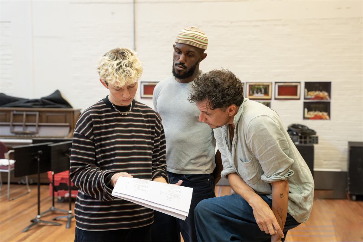 Ellen Robertson, Eloka Ivo and Tom Mothersdale in rehearsals for Cloud 9 at the National Theatre. Photo by Johan Persson