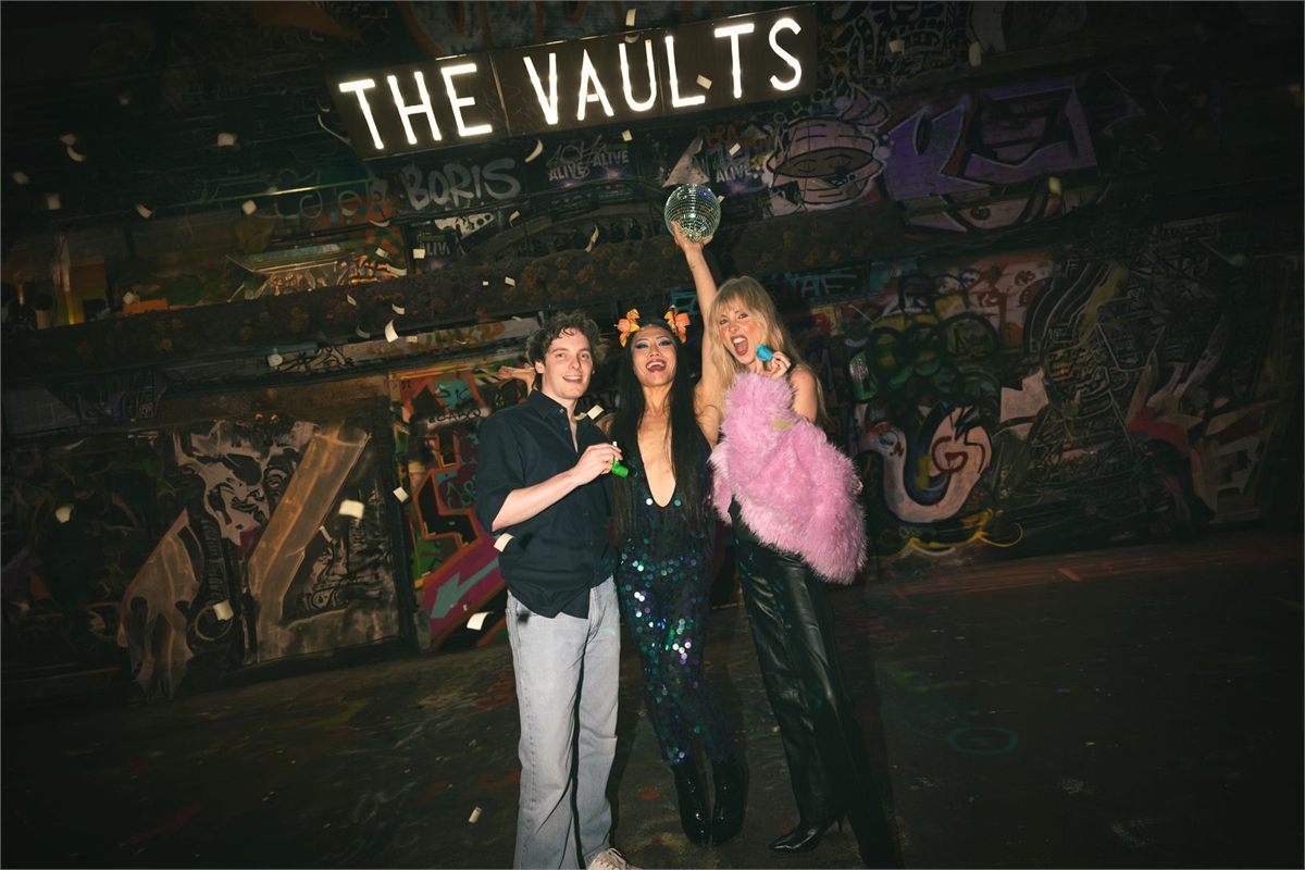 George Renshaw, Le Fil and Diana Vickers outside The Vaults in Leake Street for Club NVRLND. Photo by Lucas Dove