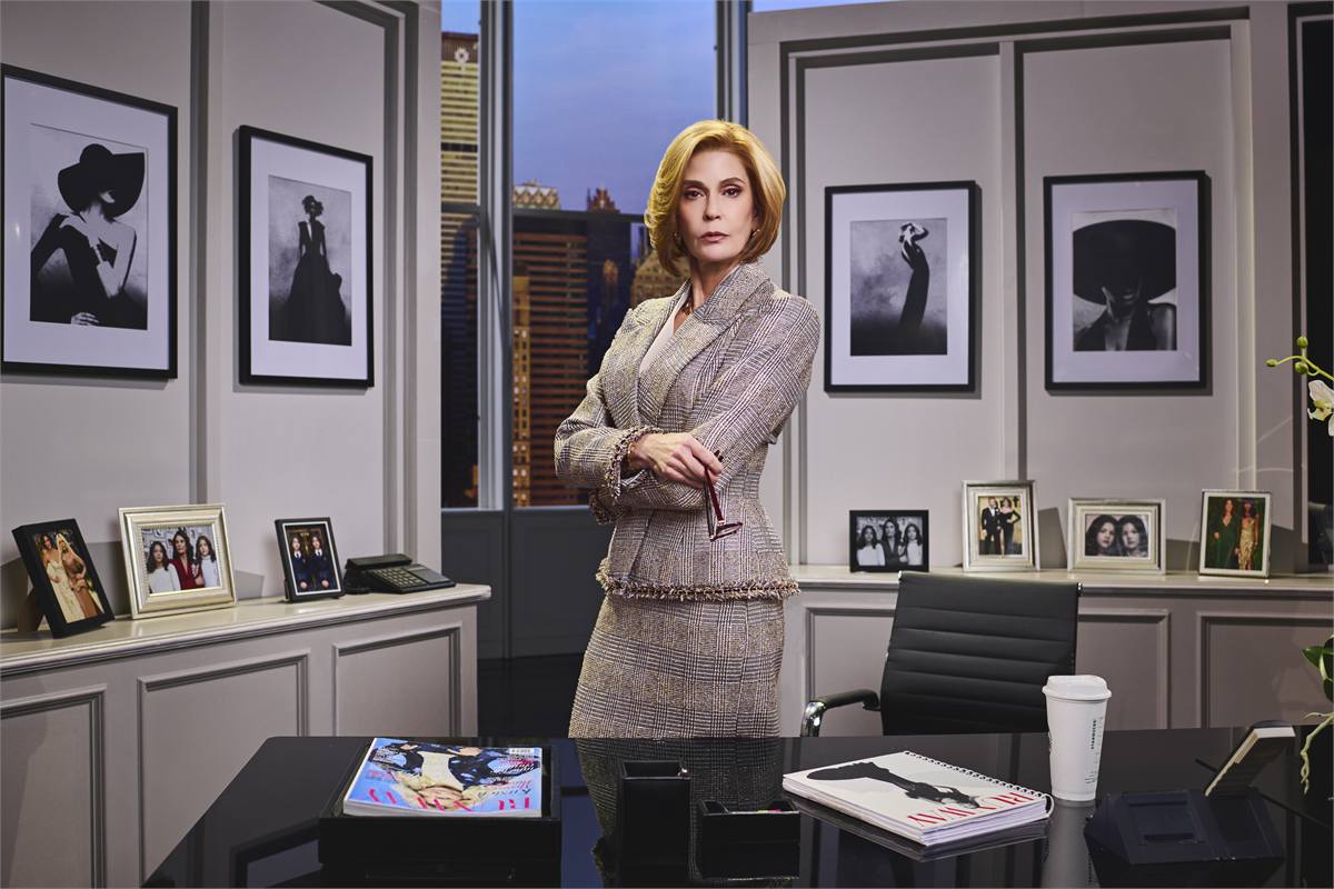 Teri Hatcher as Miranda Priestly in a tweed skirt suit in her Runway office, The Devil Wears Prada. Photo by Matt Crockett
