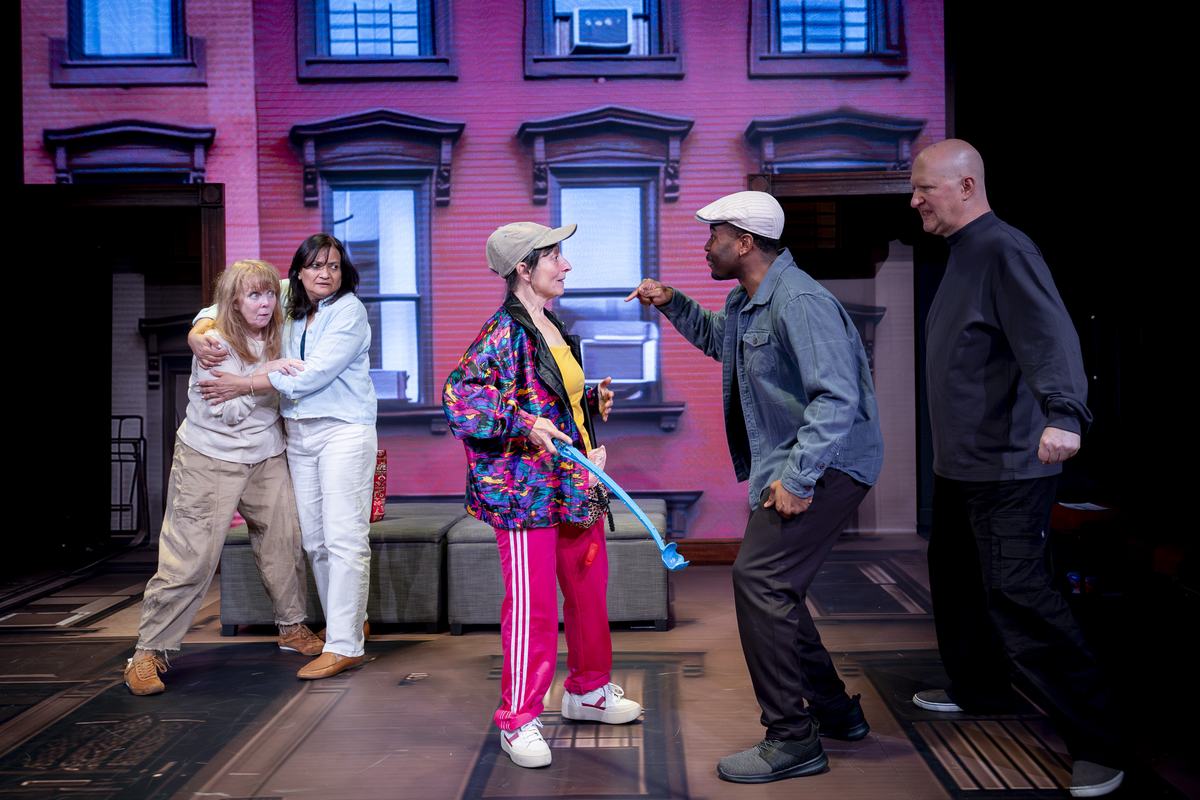 A confrontation on the street in Dog Mom at Southwark Playhouse Borough