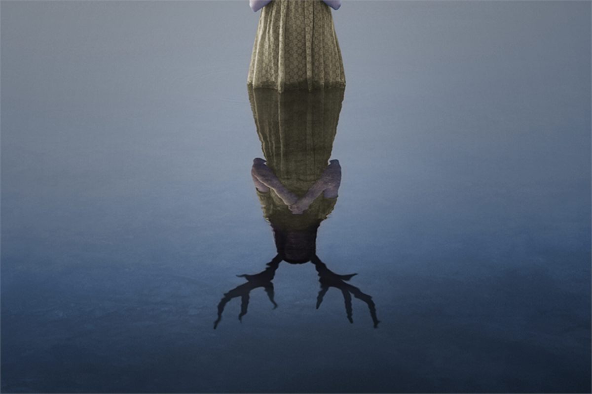 Campaign artwork for English National Opera’s Iphigénie en Tauride: a figure standing in still water above an antlered reflection