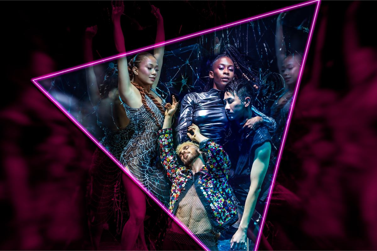 Campaign artwork for Rambert's It's A Sin, with four dancers framed by a neon pink triangle