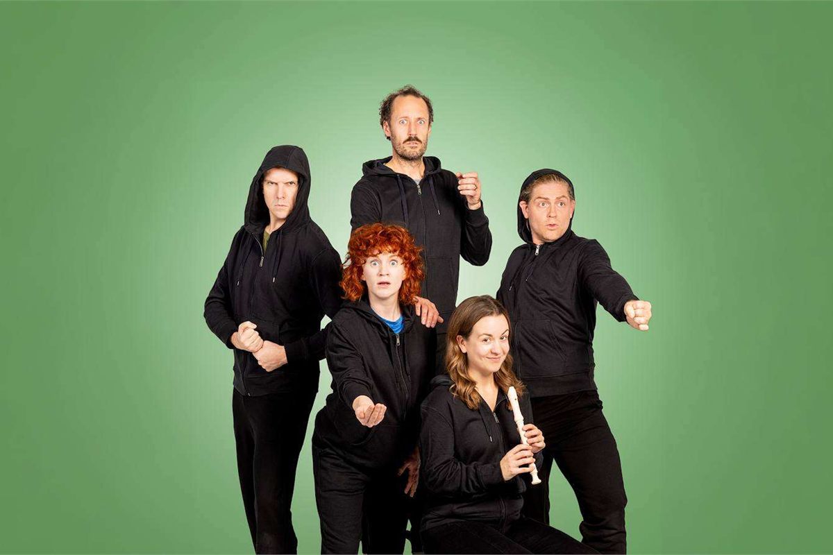 Jack Baldwin, Charlie Burt, David Hoskin, Charlie Ives and Laurence Pears, the cast of Fly, You Fools! at Southwark Playhouse Borough. Photo by Zac Cooke