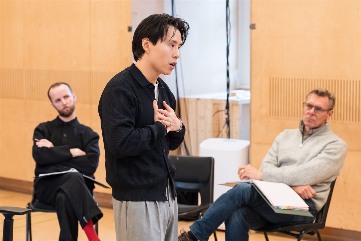 Cade Brannan, Jeremy Ang Jones and Edward Baker-Duly in rehearsal for Global Majority at the Bush Theatre. Photo by Marc Brenner