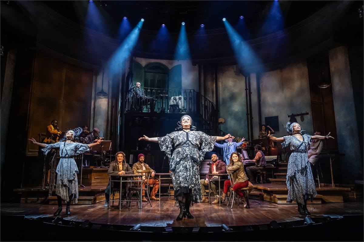 Allie Daniel, Bella Brown and Madeline Charlemagne with the company of Hadestown at the Lyric Theatre, original West End cast. Photo by Marc Brenner