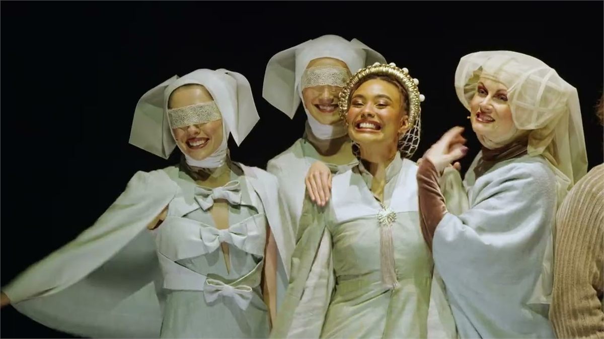 Cinderella and her blindfolded stepsisters in a still from the trailer for Into the Woods at the Noel Coward Theatre