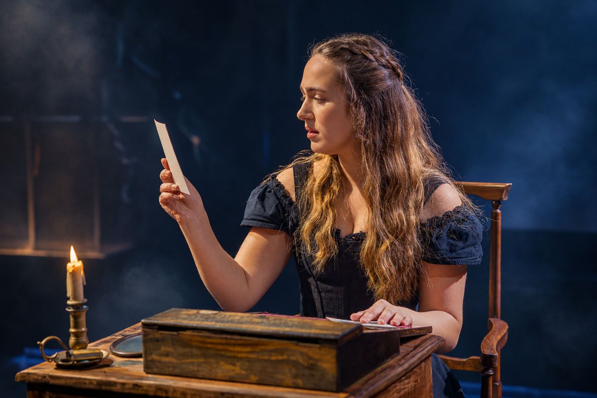 Charlie Burn as Jane Eyre reading by candlelight at Southwark Playhouse Elephant