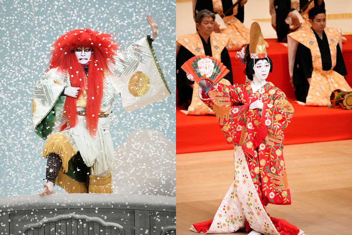 Ichikawa Somegorō VIII in Yuki no Shakkyō and Onoe Tatsunosuke III in Meoto Dōjōji. Photos © Shochiku