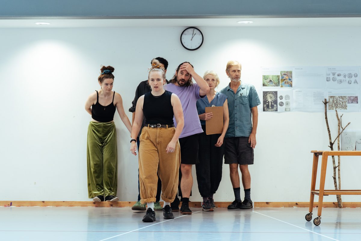 The company of Lanny in rehearsal at Bristol Old Vic. Photo by Helen Murray